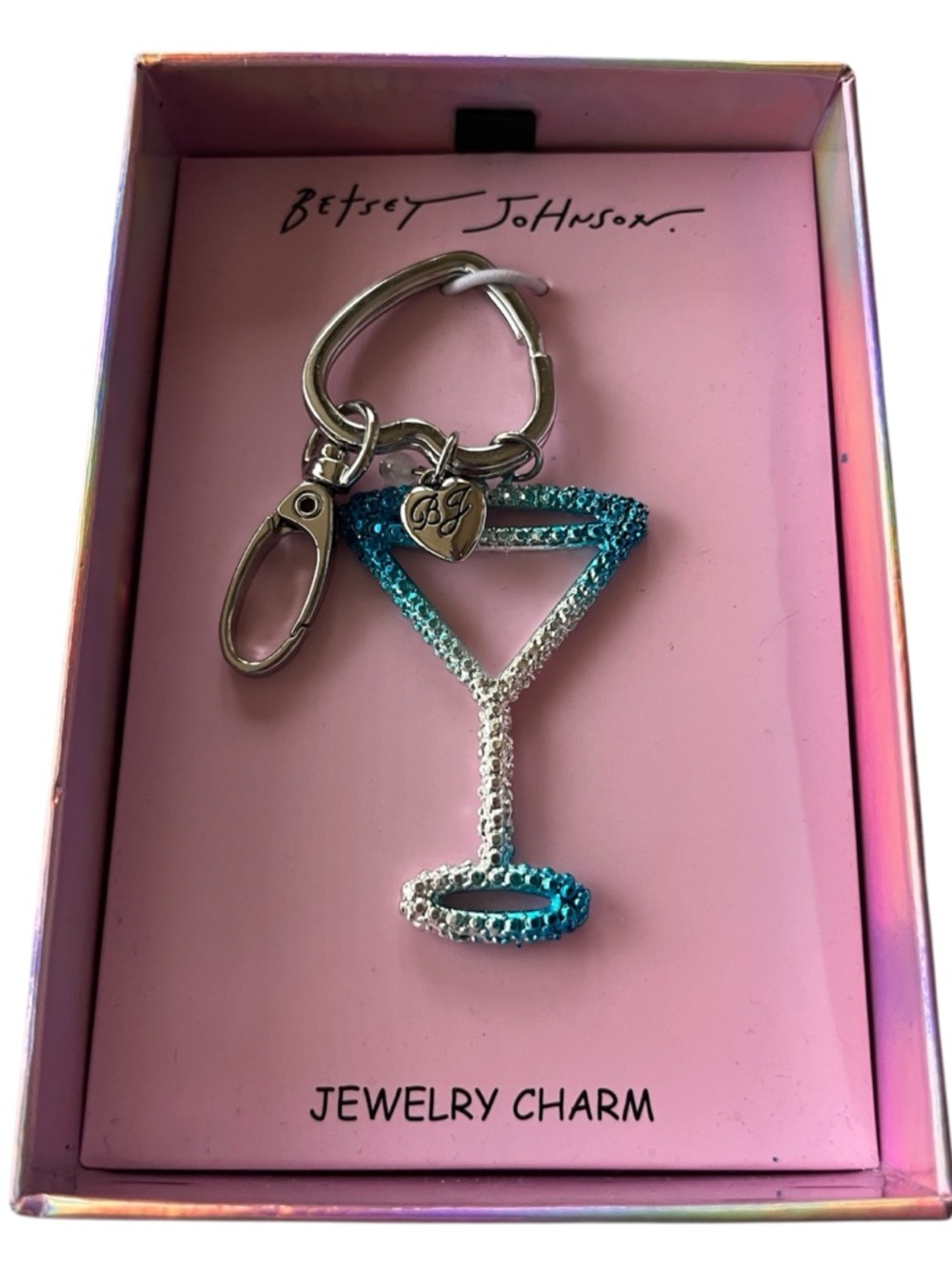 Betsey Johnson Blue Silver Martini Glass Rhinestone Bag Charm Keychain NWT
